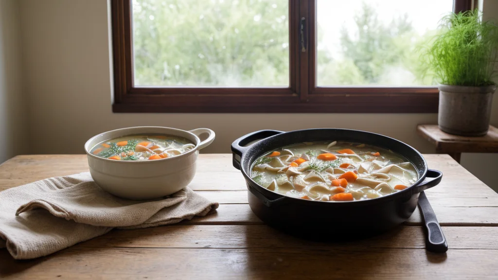 Кастрюля с куриным супом и зеленью на деревянном столе